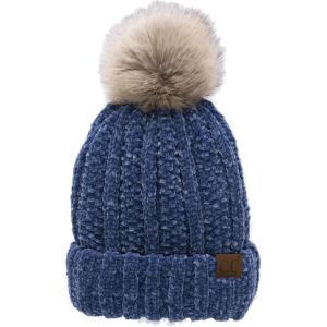imageCC Thick Cable Knit Faux Fuzzy Fur Pom Fleece Lined Skull Cap Cuff BeanieChenille Dark Denim