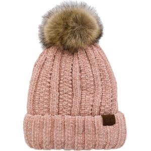 imageCC Thick Cable Knit Faux Fuzzy Fur Pom Fleece Lined Skull Cap Cuff BeanieChenille Indi Pink