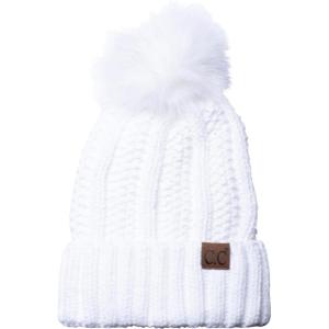 imageCC Thick Cable Knit Faux Fuzzy Fur Pom Fleece Lined Skull Cap Cuff BeanieChenille Ivory Offwhite