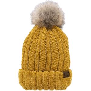 imageCC Thick Cable Knit Faux Fuzzy Fur Pom Fleece Lined Skull Cap Cuff BeanieChenille Mustard