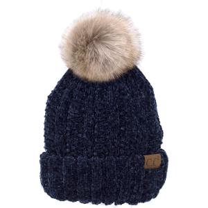 imageCC Thick Cable Knit Faux Fuzzy Fur Pom Fleece Lined Skull Cap Cuff BeanieChenille Navy