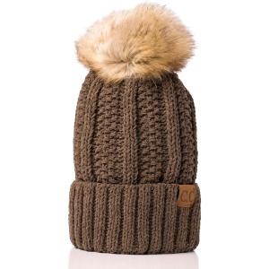 imageCC Thick Cable Knit Faux Fuzzy Fur Pom Fleece Lined Skull Cap Cuff BeanieChenille New Olive