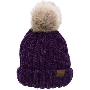 imageCC Thick Cable Knit Faux Fuzzy Fur Pom Fleece Lined Skull Cap Cuff BeanieChenille Purple