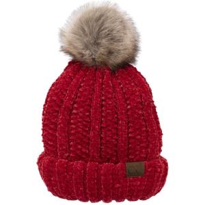 imageCC Thick Cable Knit Faux Fuzzy Fur Pom Fleece Lined Skull Cap Cuff BeanieChenille Red