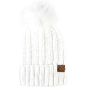 imageCC Thick Cable Knit Faux Fuzzy Fur Pom Fleece Lined Skull Cap Cuff BeanieChenille White