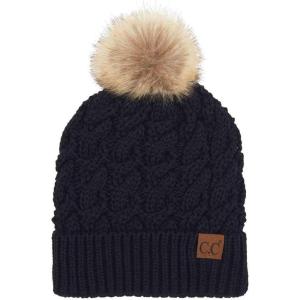 imageCC Thick Cable Knit Faux Fuzzy Fur Pom Fleece Lined Skull Cap Cuff BeanieChunky Cable Black