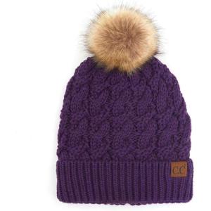 imageCC Thick Cable Knit Faux Fuzzy Fur Pom Fleece Lined Skull Cap Cuff BeanieChunky Cable Dark Purple