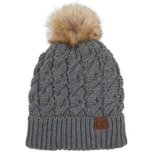imageCC Thick Cable Knit Faux Fuzzy Fur Pom Fleece Lined Skull Cap Cuff BeanieChunky Cable Light Melange Gray