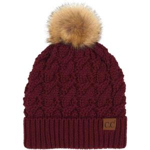 imageCC Thick Cable Knit Faux Fuzzy Fur Pom Fleece Lined Skull Cap Cuff BeanieChunky Cable Maroon