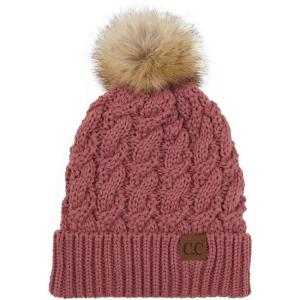 imageCC Thick Cable Knit Faux Fuzzy Fur Pom Fleece Lined Skull Cap Cuff BeanieChunky Cable Mauve