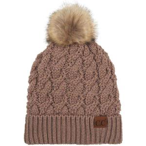 imageCC Thick Cable Knit Faux Fuzzy Fur Pom Fleece Lined Skull Cap Cuff BeanieChunky Cable Taupe