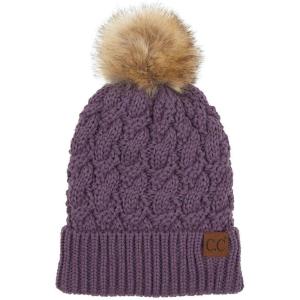 imageCC Thick Cable Knit Faux Fuzzy Fur Pom Fleece Lined Skull Cap Cuff BeanieChunky Cable Violet