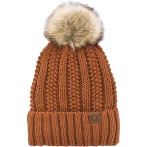 imageCC Thick Cable Knit Faux Fuzzy Fur Pom Fleece Lined Skull Cap Cuff BeanieClay