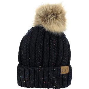 imageCC Thick Cable Knit Faux Fuzzy Fur Pom Fleece Lined Skull Cap Cuff BeanieConfetti Black