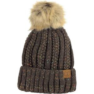 imageCC Thick Cable Knit Faux Fuzzy Fur Pom Fleece Lined Skull Cap Cuff BeanieConfetti Brown