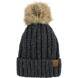 imageCC Thick Cable Knit Faux Fuzzy Fur Pom Fleece Lined Skull Cap Cuff BeanieConfetti Dark Melange Gray