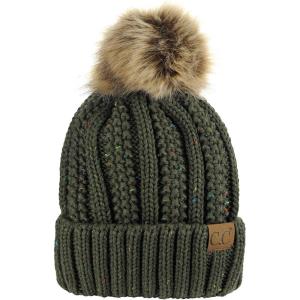 imageCC Thick Cable Knit Faux Fuzzy Fur Pom Fleece Lined Skull Cap Cuff BeanieConfetti Dark Olive