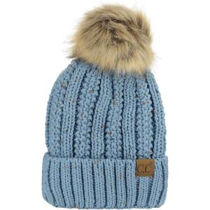 imageCC Thick Cable Knit Faux Fuzzy Fur Pom Fleece Lined Skull Cap Cuff BeanieConfetti Denim
