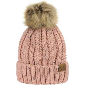 imageCC Thick Cable Knit Faux Fuzzy Fur Pom Fleece Lined Skull Cap Cuff BeanieConfetti Indi Pink