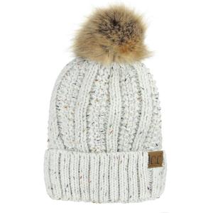 imageCC Thick Cable Knit Faux Fuzzy Fur Pom Fleece Lined Skull Cap Cuff BeanieConfetti Ivory