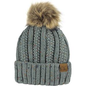 imageCC Thick Cable Knit Faux Fuzzy Fur Pom Fleece Lined Skull Cap Cuff BeanieConfetti Natural Gray