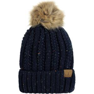imageCC Thick Cable Knit Faux Fuzzy Fur Pom Fleece Lined Skull Cap Cuff BeanieConfetti Navy