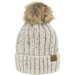 imageCC Thick Cable Knit Faux Fuzzy Fur Pom Fleece Lined Skull Cap Cuff BeanieConfetti Oatmeal