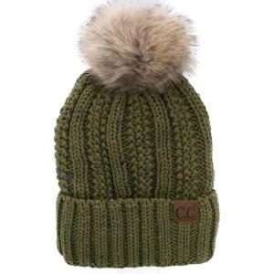 imageCC Thick Cable Knit Faux Fuzzy Fur Pom Fleece Lined Skull Cap Cuff BeanieConfetti Olive