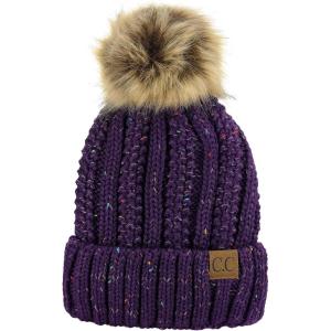 imageCC Thick Cable Knit Faux Fuzzy Fur Pom Fleece Lined Skull Cap Cuff BeanieConfetti Purple