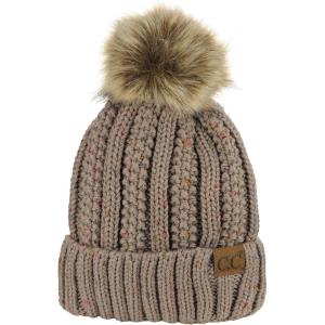 imageCC Thick Cable Knit Faux Fuzzy Fur Pom Fleece Lined Skull Cap Cuff BeanieConfetti Taupe
