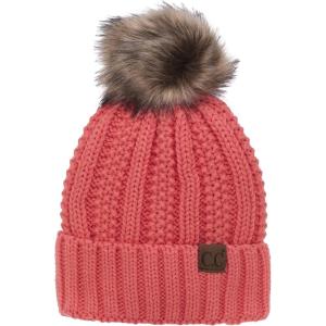 imageCC Thick Cable Knit Faux Fuzzy Fur Pom Fleece Lined Skull Cap Cuff BeanieCoral