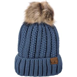 imageCC Thick Cable Knit Faux Fuzzy Fur Pom Fleece Lined Skull Cap Cuff BeanieDark Denim