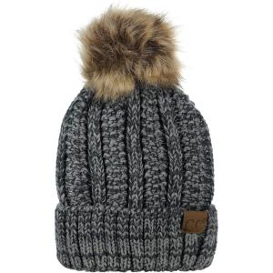 imageCC Thick Cable Knit Faux Fuzzy Fur Pom Fleece Lined Skull Cap Cuff BeanieDark GrayLight Gray Mix