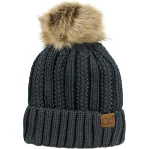 imageCC Thick Cable Knit Faux Fuzzy Fur Pom Fleece Lined Skull Cap Cuff BeanieDark Melange Gray