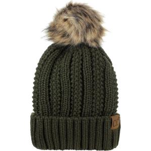 imageCC Thick Cable Knit Faux Fuzzy Fur Pom Fleece Lined Skull Cap Cuff BeanieDark Olive