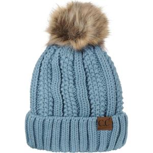 imageCC Thick Cable Knit Faux Fuzzy Fur Pom Fleece Lined Skull Cap Cuff BeanieDenim
