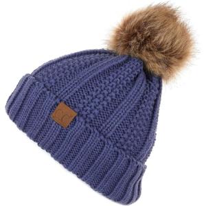 imageCC Thick Cable Knit Faux Fuzzy Fur Pom Fleece Lined Skull Cap Cuff BeanieDk Denim