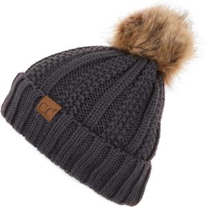 imageCC Thick Cable Knit Faux Fuzzy Fur Pom Fleece Lined Skull Cap Cuff BeanieDk Mel Grey