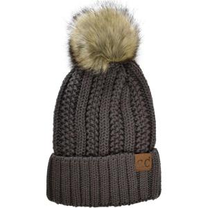 imageCC Thick Cable Knit Faux Fuzzy Fur Pom Fleece Lined Skull Cap Cuff BeanieEarth Grey