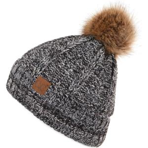 imageCC Thick Cable Knit Faux Fuzzy Fur Pom Fleece Lined Skull Cap Cuff BeanieGrey Mix