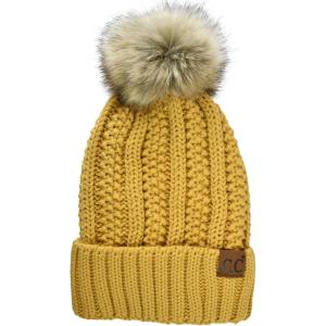 imageCC Thick Cable Knit Faux Fuzzy Fur Pom Fleece Lined Skull Cap Cuff BeanieHoney Mustard