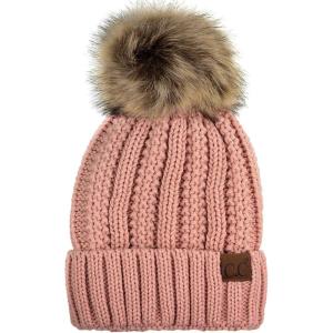 imageCC Thick Cable Knit Faux Fuzzy Fur Pom Fleece Lined Skull Cap Cuff BeanieIndi Pink