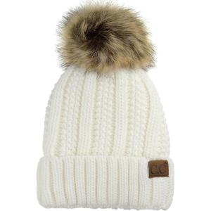 imageCC Thick Cable Knit Faux Fuzzy Fur Pom Fleece Lined Skull Cap Cuff BeanieIvory
