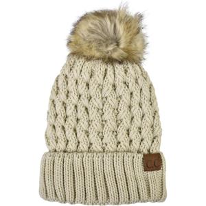 imageCC Thick Cable Knit Faux Fuzzy Fur Pom Fleece Lined Skull Cap Cuff BeanieLattice Beige