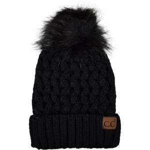 imageCC Thick Cable Knit Faux Fuzzy Fur Pom Fleece Lined Skull Cap Cuff BeanieLattice Black