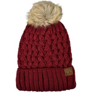 imageCC Thick Cable Knit Faux Fuzzy Fur Pom Fleece Lined Skull Cap Cuff BeanieLattice Burgundy