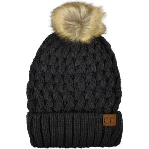 imageCC Thick Cable Knit Faux Fuzzy Fur Pom Fleece Lined Skull Cap Cuff BeanieLattice Charcoal