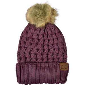 imageCC Thick Cable Knit Faux Fuzzy Fur Pom Fleece Lined Skull Cap Cuff BeanieLattice Coco Berry