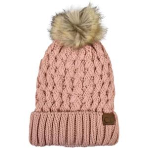imageCC Thick Cable Knit Faux Fuzzy Fur Pom Fleece Lined Skull Cap Cuff BeanieLattice Indi Pink