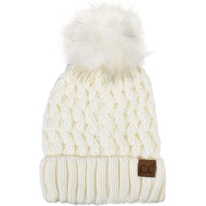 imageCC Thick Cable Knit Faux Fuzzy Fur Pom Fleece Lined Skull Cap Cuff BeanieLattice Ivory
